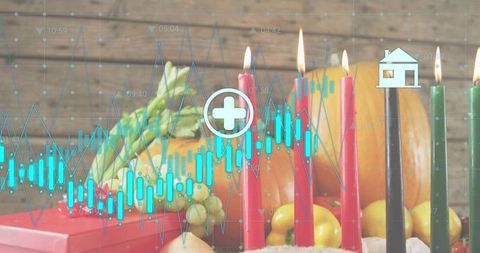 Displaying autumn harvest centerpiece with lit multicolor candles and financial data overlay
