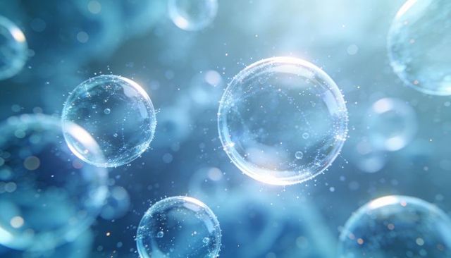 Ethereal glassy bubbles floating in soft blue liquid with sparkling microbubbles