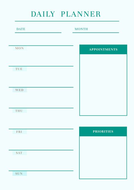 Ideal for personal or professional use, this minimalist weekly planner layout helps in organizing daily tasks, scheduling appointments, and setting priorities. Useful for improving time management and increasing productivity.