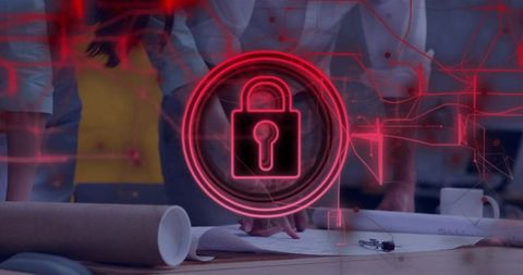 Team reviewing blueprints with holographic red lock representing cybersecurity