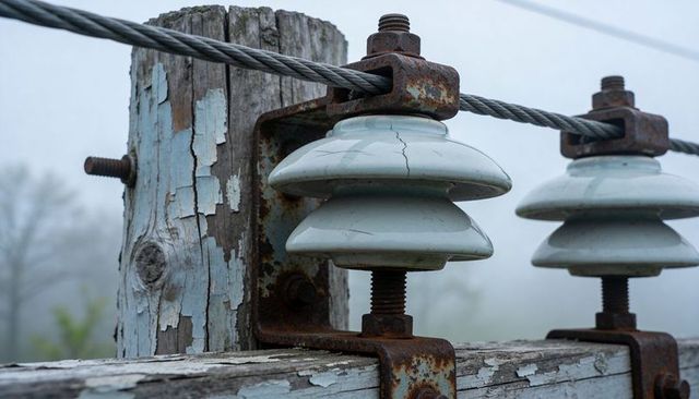 Porcelain insulator cracking on rusted clamp with peeling blue paint on utility pole