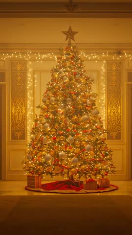 Vertical video Revealing Ornate Christmas Tree with Twinkling Gold Lights in Grand Foyer