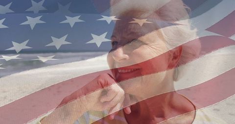 Senior Woman on Beach with Overlay of United States Flag