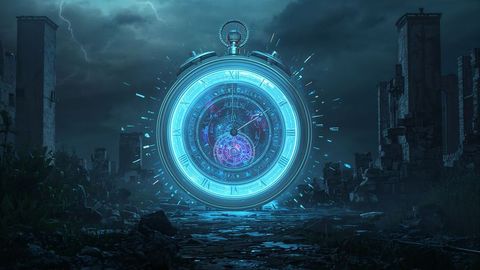 Futuristic neon stopwatch illuminating dystopian decay