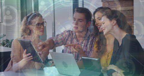 Diverse Coworkers Collaborate with Digital Technology Overlay