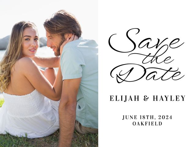 Ideal for save the date invitations and wedding announcements. Features a happy Caucasian couple sitting outdoors on a grassy area. can be used as a template for engagement notifications, relationship milestones, or special event preparations. Great for social media posts, event planners, and romantic themes usage.