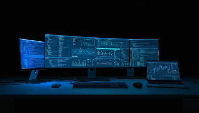 Multi-monitor workstation with data and code display in dark office