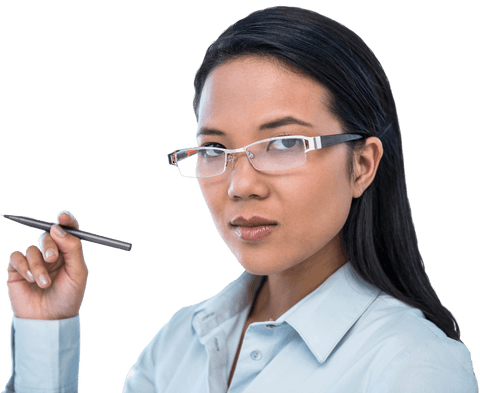 Confident Businesswoman in Glasses Holding Pen Transparent Background