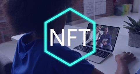 Woman Collaborating on Laptop with Overlay NFT Logo and Plant Décor