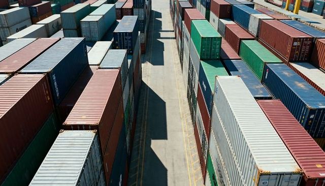 Aerial stacked intermodal containers lining port aisle with bold geometric shadows