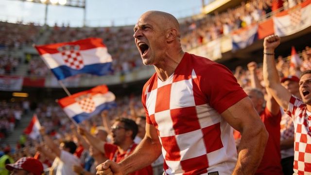 Passionate croatian fan shouting and cheering in checkered red-and-white jersey