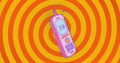 Floating retro pink mobile phone on concentric orange ring background