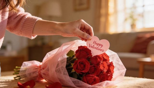 Placing pink knit-sleeved hand adjusting red rose bouquet with heart happy valentines card