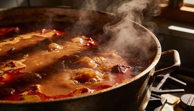Simmering rustic meatball tomato sauce in large stockpot on gas range with steam