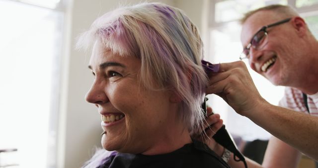 Smiling Woman Getting Haircut in Salon - Download Free Stock Images Pikwizard.com