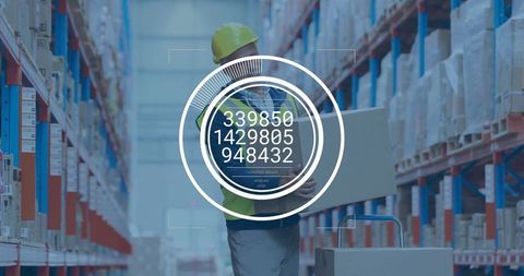 Warehouse worker carrying box with digital HUD inventory overlay in fulfillment center
