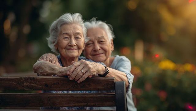 Senior asian women embracing on park bench smiling in warm golden hour light