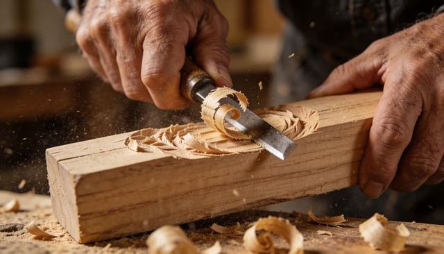 Senior woodworker carving ornate recess with chisel close-up hands and curled shavings