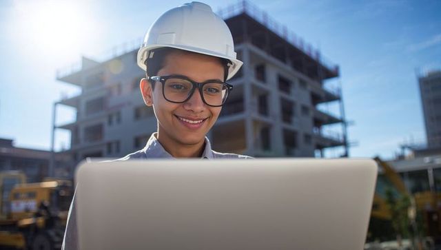 Smiling construction trainee inspecting site using laptop, wearing hard hat and glasses