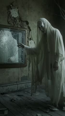 Shrouded Figure Gliding into Decayed Room Studying Broken Mirror Reflection Vertical Horror Scene