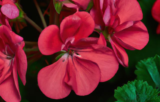 Close up of red geraniums created using generative ai technology. Flowers, colour and nature concept, digitally generated image.