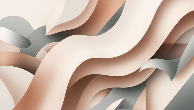 Flowing layered paper-cut ribbons in neutral peach and silver with soft gradients