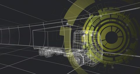 Wireframe semi-truck rotating with futuristic hud overlays and grid floor