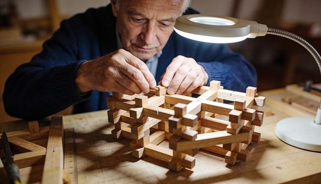 Senior crafting interlocking wooden lattice under magnifier lamp for precision woodworking