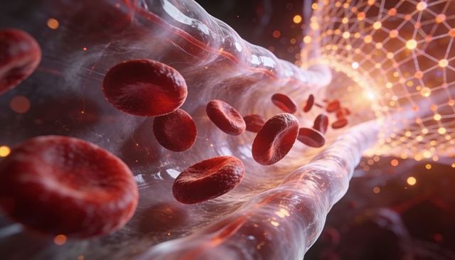 Red blood cells flowing through capillary while glowing digital mesh visualizes network