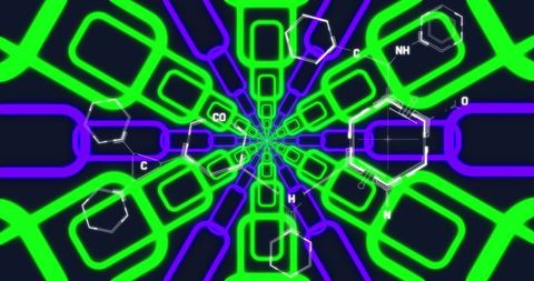 Abstract Neon Tunnel with Molecular Overlays in Digital Space