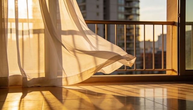 Billowing sheer curtain catching golden sunrise over balcony with warm reflections