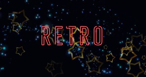 Retro Neon Text with Stardust and Stars in Dark Background