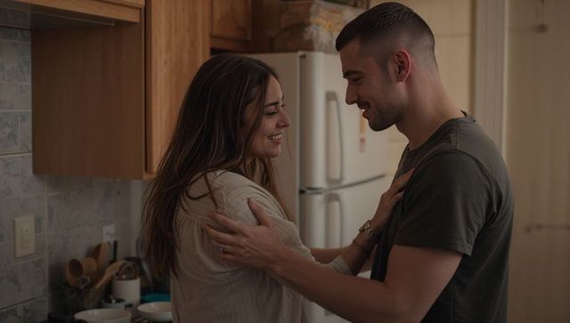 Couple sharing romantic moment in cozy kitchen with warm lighting and intimate embrace