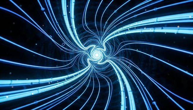 Neon data vortex swirling toward bright core with cyan light trails and futuristic glow