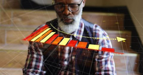 Senior man using smartphone with 3d financial growth bar chart overlay on staircase, data analytics