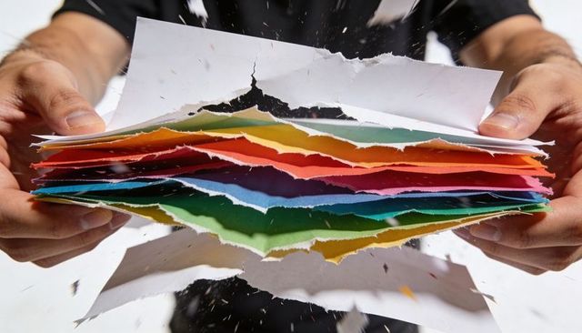 Hands tearing colorful paper stack revealing torn layers and flying fragments