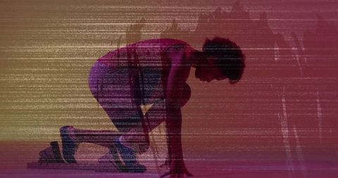 Female Sprinter Preparing at Starting Position with Glitch Gradient Silhouette and Energy