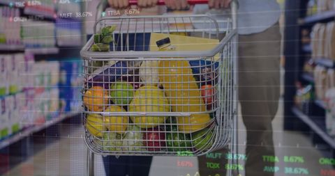 Grocery Cart Filled with Fresh Produce and Essentials