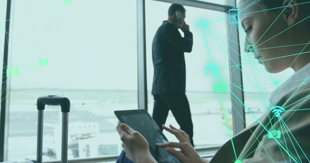 Business professionals shown at an airport leveraging technology for seamless connectivity. One individual walks while speaking on a phone, another busy with a tablet. Could be used for illustrating modern business travel, remote work, communication, or advancements in travel technology.