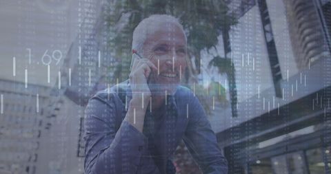 Senior Businessman Communications amid Digital Stock Display