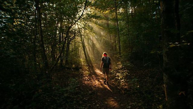 Hiker walking through sunlit forest trail with rays of light filtering through canopy