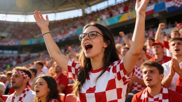 Young woman cheering with arms raised in checkered red-white jersey at sunny stadium