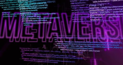 Neon meta cyberspace interface with javascript code overlay and holographic grid