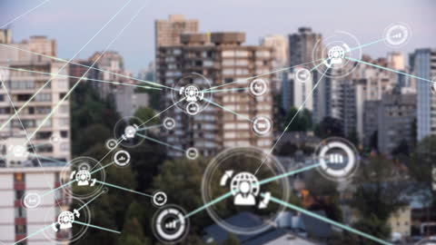 Digital Network with Futuristic Icons Over Cityscape