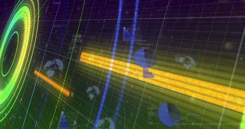 Neon Holographic Data Interface Featuring Green Radar and Yellow Beam on Grid Dashboard