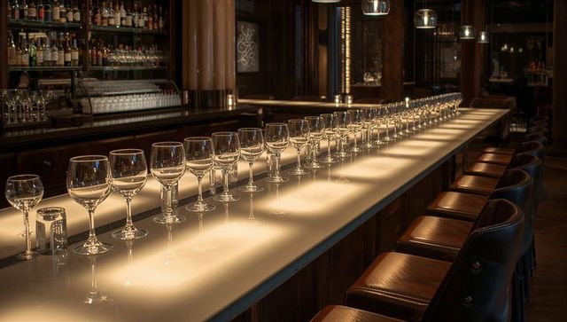 Illuminated bar counter with wine glass lineup, leather stools and ambient reflections