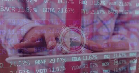 Businesswoman Using Tablet Amid Stock Market Dynamics