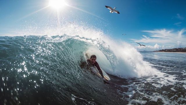 Male surfer riding perfect barrel on shortboard, carving inside sunlit wave with seagulls