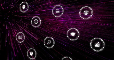 Abstract Neon Network With Digital Icons on Futuristic Black Background