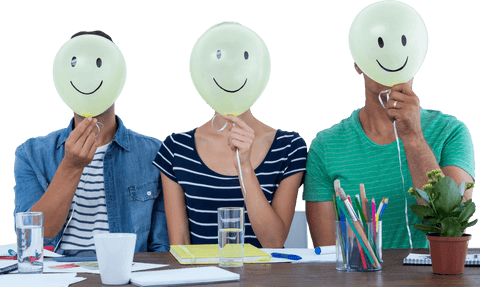 people sitting at table with transparent smiley face balloons - Download Free Stock Videos Pikwizard.com